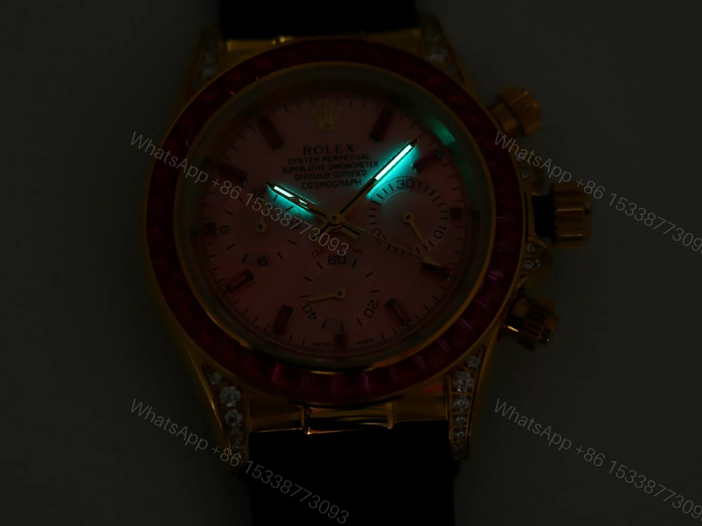 View 9 of Rolex Daytona Pink Ruby Black Strap Replica 43MM Exclusive Gold Case Edition RG-ROLEX-DAYTONA-PINK-RUBY-BLACK-43