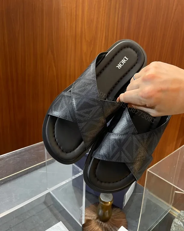 View 7 of Premium Black Leather Slide with Textured Texture + All-Day Comfort Slide