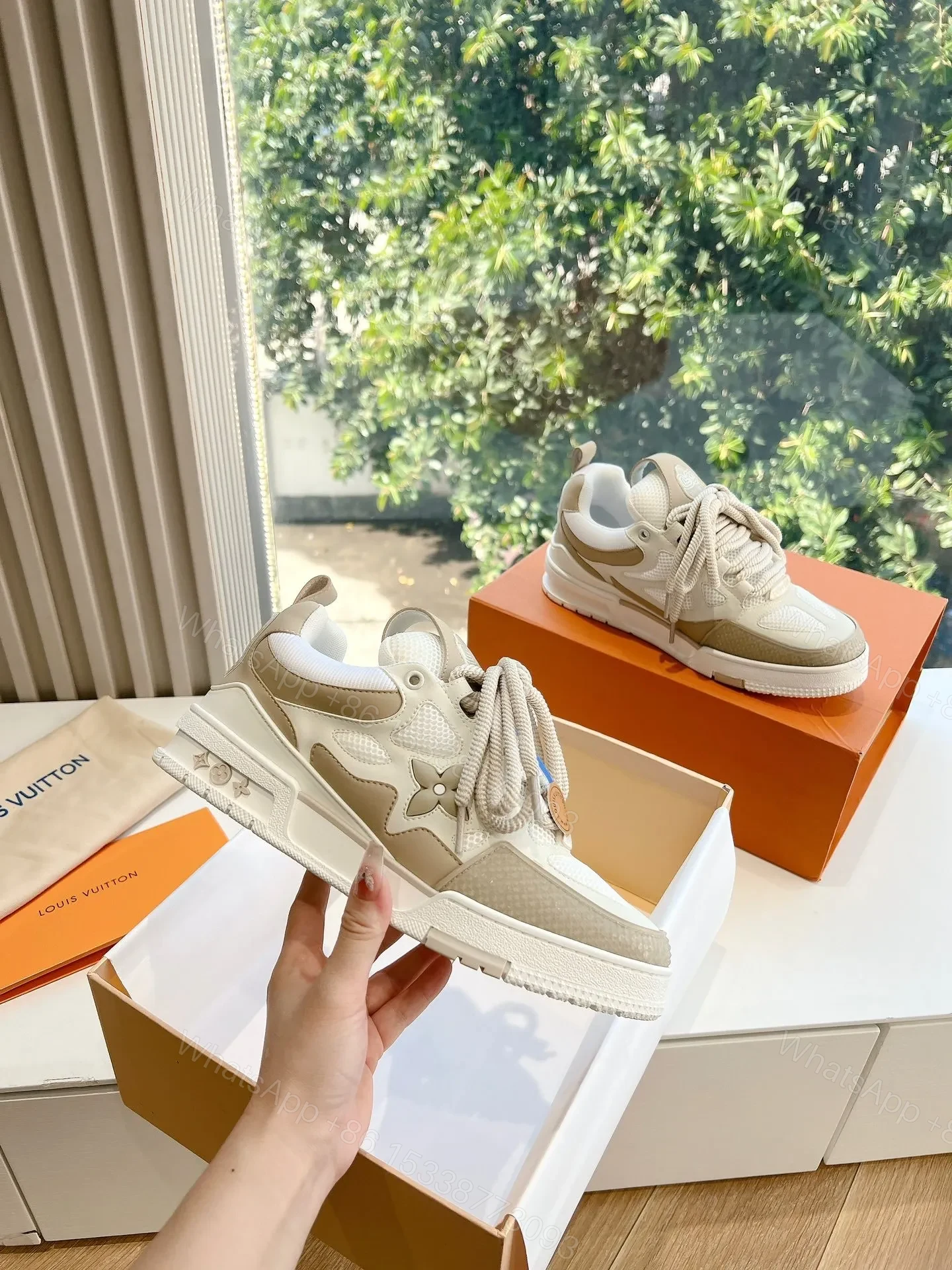 LV Women Beige Mesh Leather Sneakers — view 1