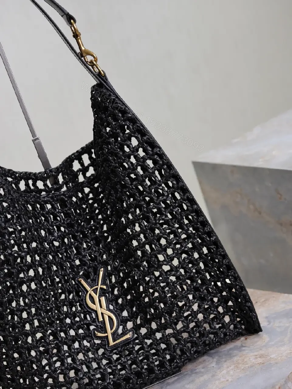 View 8 of Open-Knit Mesh Tote: Black Leather, Gold Monogram, Luxe Style
