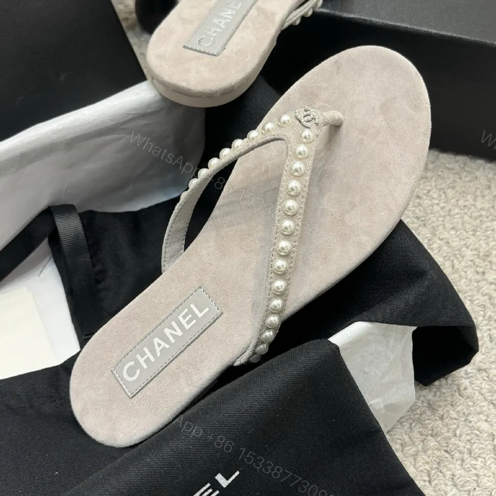 View 4 of Pearl-Embellished Suede-Texture Flip-Flops: Luxe Charm Sandals