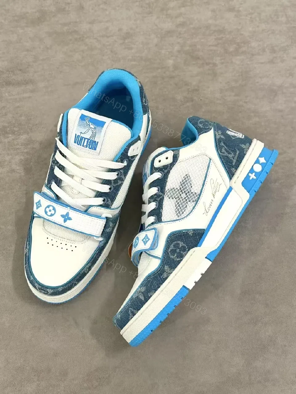 View 3 of Colorful Camouflage-Blue LV-Inspired High-Top Sneakers