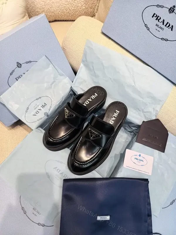 Black Leather Prada Mules with Logo Detail Sliders, Women’s Fashion — view 1