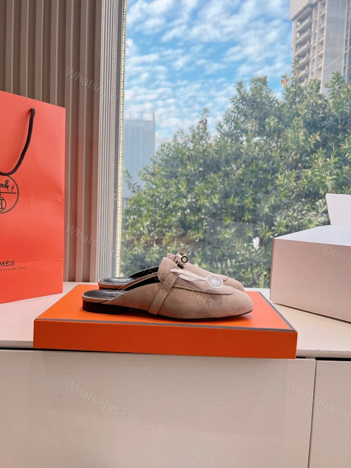 View 2 of Hermes Women Beige Suede Mules
