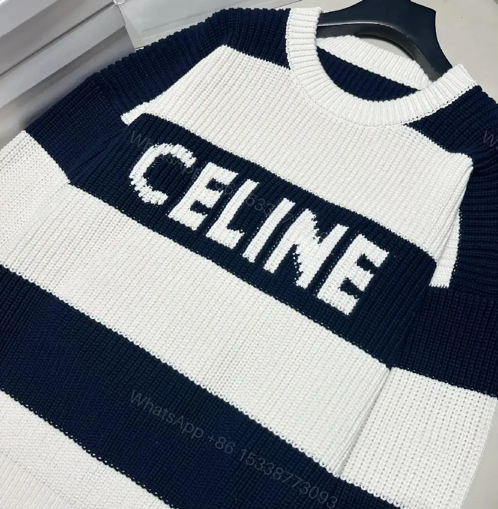 View 9 of Chunky Navy & Cream Knit Sweater - Designer-Inspired Comfort, All-Season