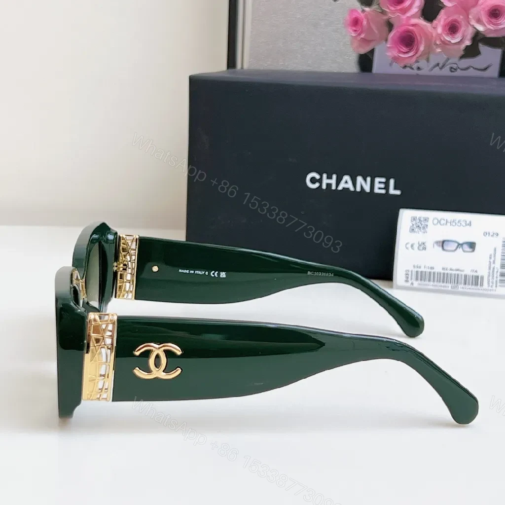 View 8 of Forest Green Acetate Designer-Style Sunglasses with Gold Logo Detailing