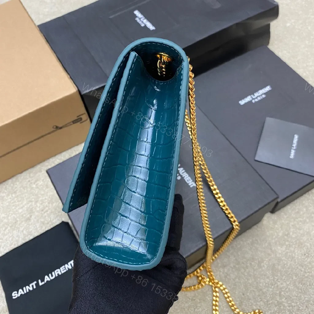 View 2 of Teal Croc-Texture Evening Bag with Gold Monogram Clasp