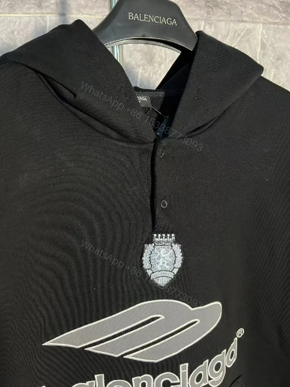 View 3 of Black + Cotton Blend + Streetwear + Bold Logo Luxe Hoodie