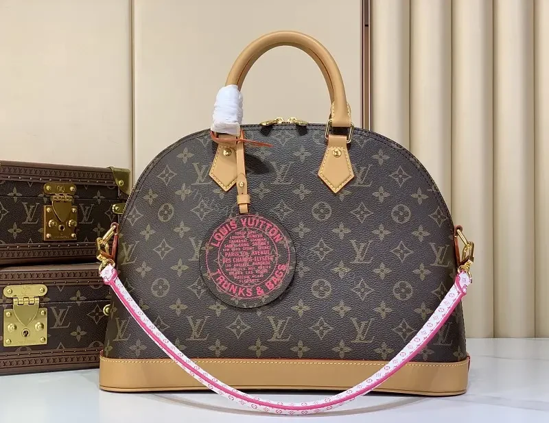 Brown Canvas Tote with Tan Leather Trim, LV Monogram Style Handbag — view 1