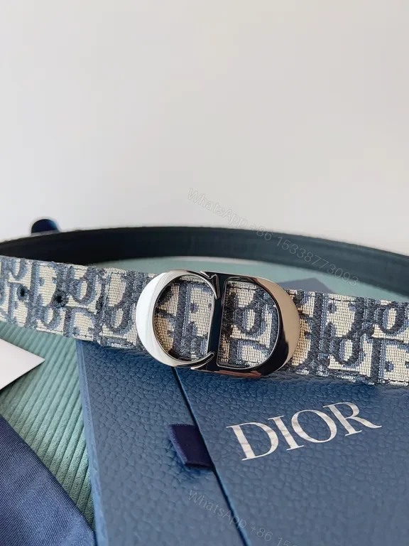 View 9 of Navy Dior Oblique Belt: Jacquard Texture & Silver Buckle
