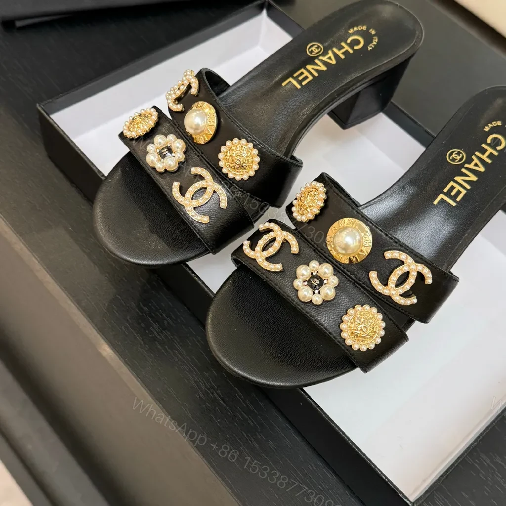 View 7 of Gold-Accent Block Heel Slides: Luxe Open-Toe Sandals