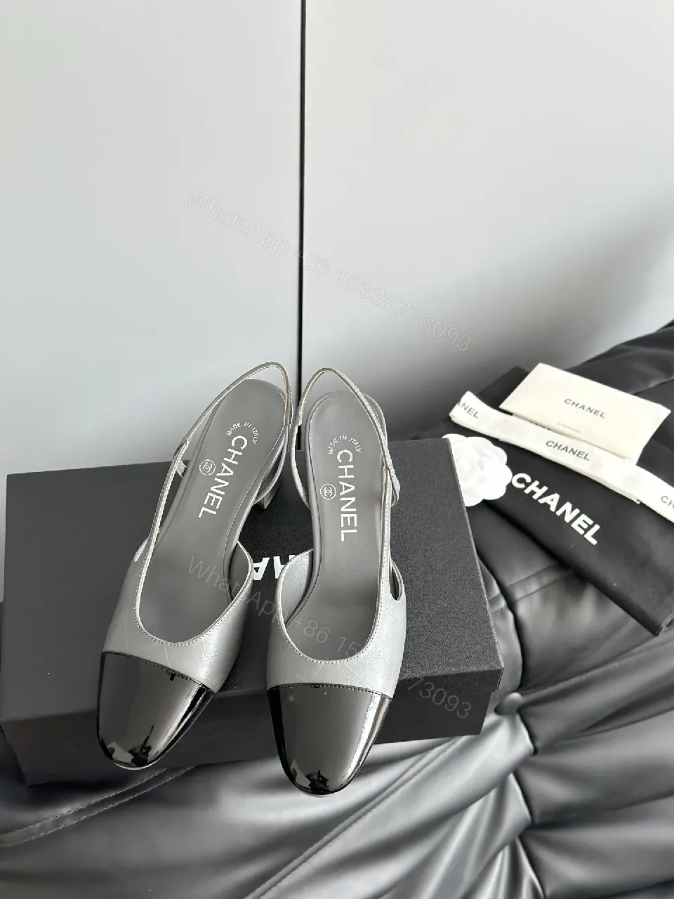 View 7 of Gray Patent-Toe Slingback Heels: Modern Block-Color Comfort
