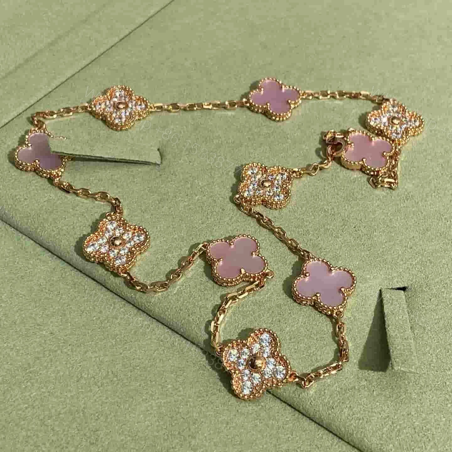 VCA 18K Rose Gold Alhambra Necklace Pink Mother-Of-Pearl 10 Motifs Diamonds — view 1