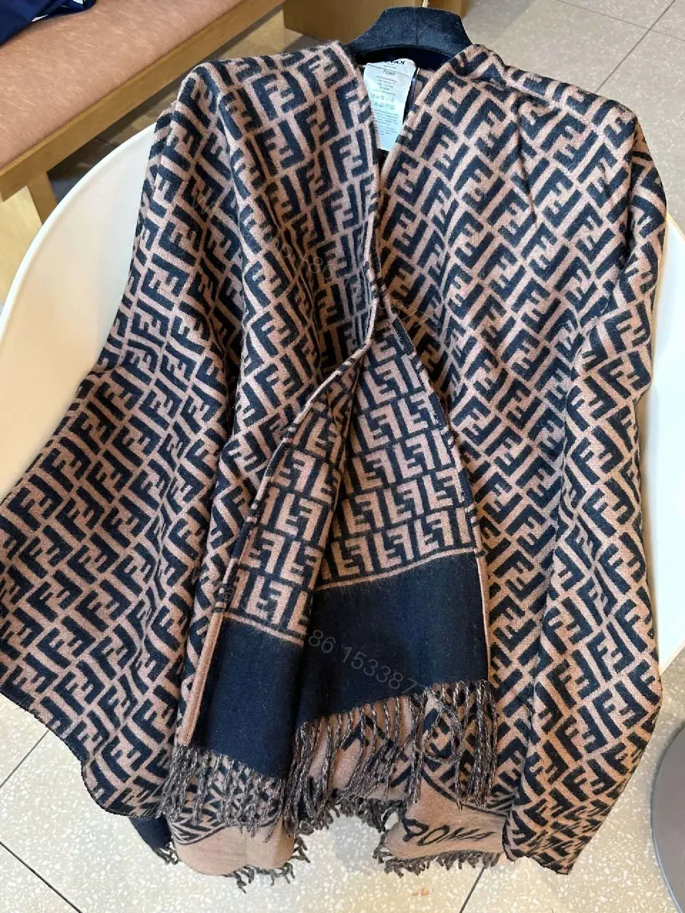 View 7 of Lux Knit Wrap: Monogram-Inspired, Two-Tone, Fringe Detail