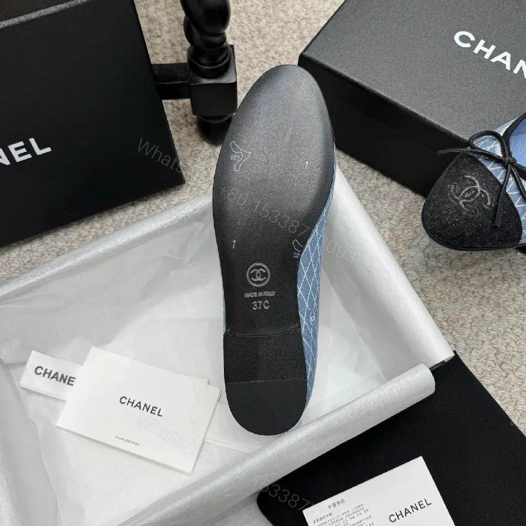 View 3 of Denim-Texture Pointed-Toe Flats with Monogram Detail – Luxe Everyday Style