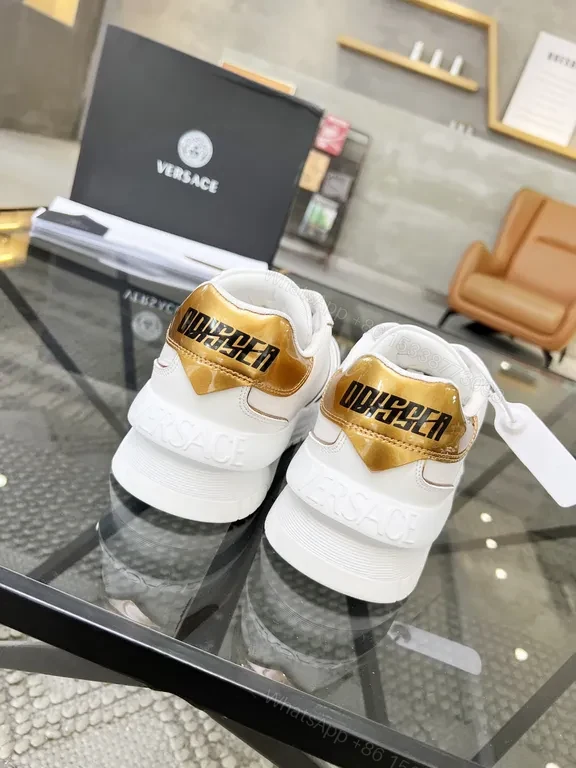 View 6 of White Leather Luxe Sneaker with Gold Accents, Versace-Inspired