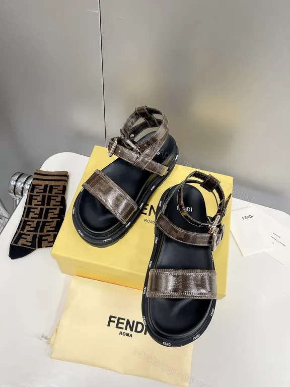 Brown Leather Sandals + Fendi Logo Pattern + Slide + Adjustable Buckle + Sandals — view 4