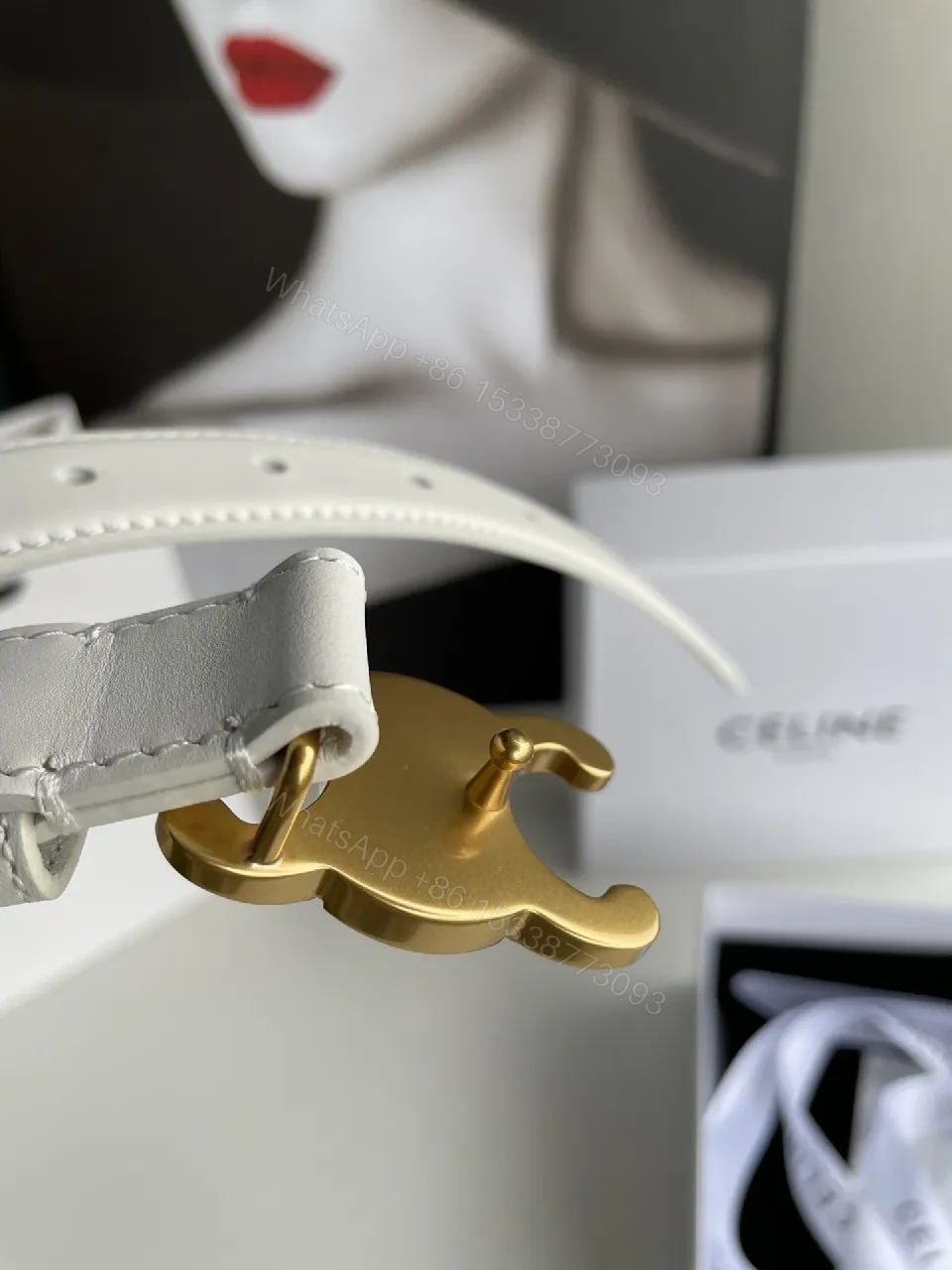 View 2 of White Leather Belt with Gold Buckle, Luxury Minimalist Style