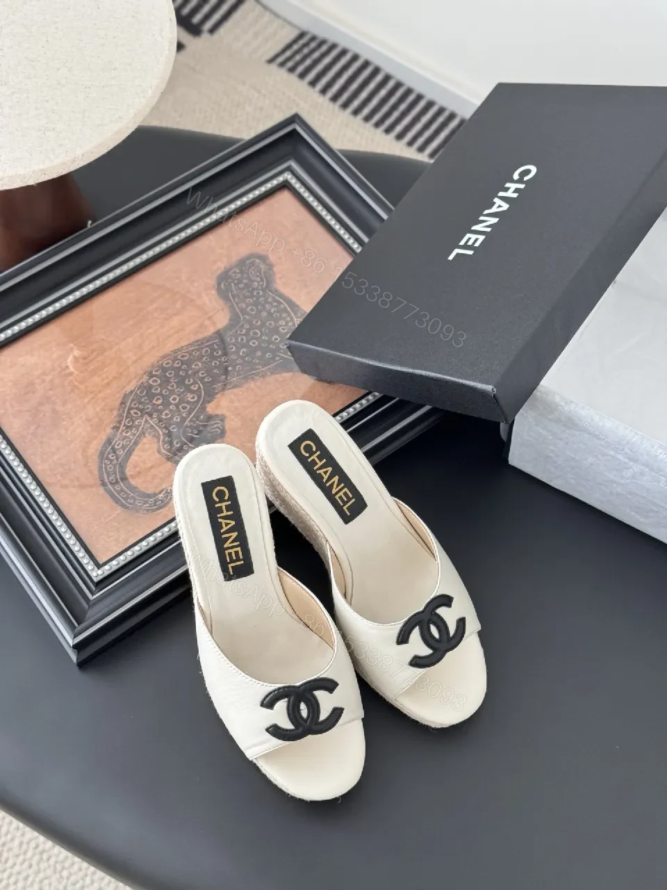 View 7 of Cream Leather Espadrille Mules with Logo Embroidery, Wedge Heel, Open-Toe