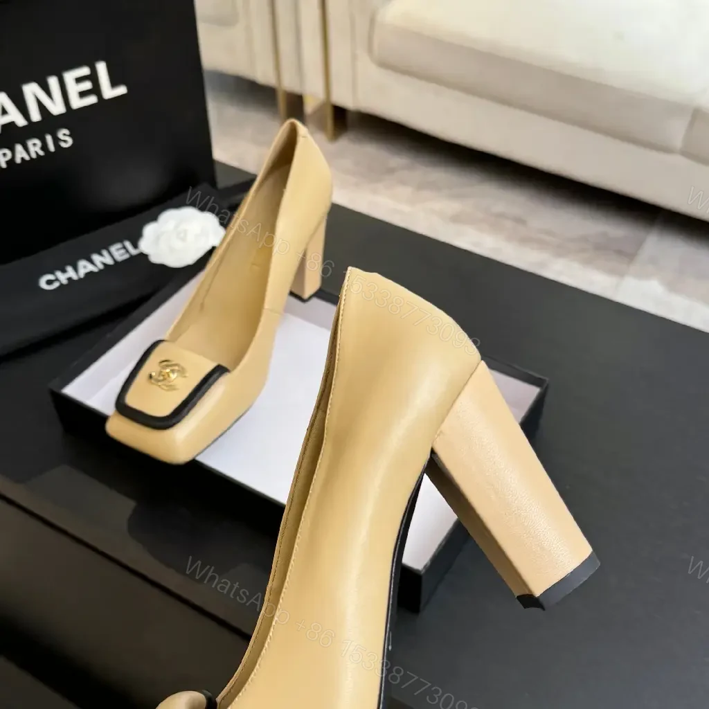 View 4 of Beige Leather Block-Heel Pumps with Hardware Details