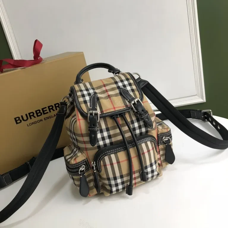 Burberry-Inspired Plaid Compact Backpack with Leather Trim — view 1