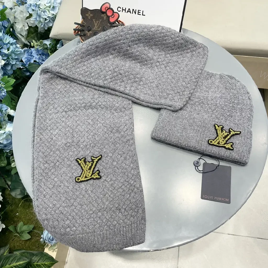 View 4 of Grey Knit Beanie & Scarf Set: Subtle LV-Inspired Luxury