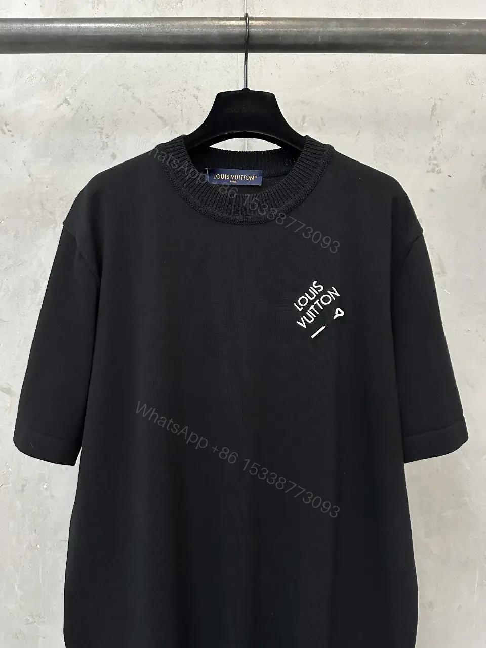 View 6 of Black Plain Knit Short-Sleeve Crew-Neck T-Shirt with Logo Accent