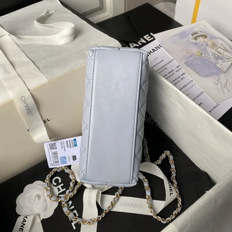 View 5 of Soft Denim-Blue Chanel-Style Quilt Mini Bag with Gold Chain