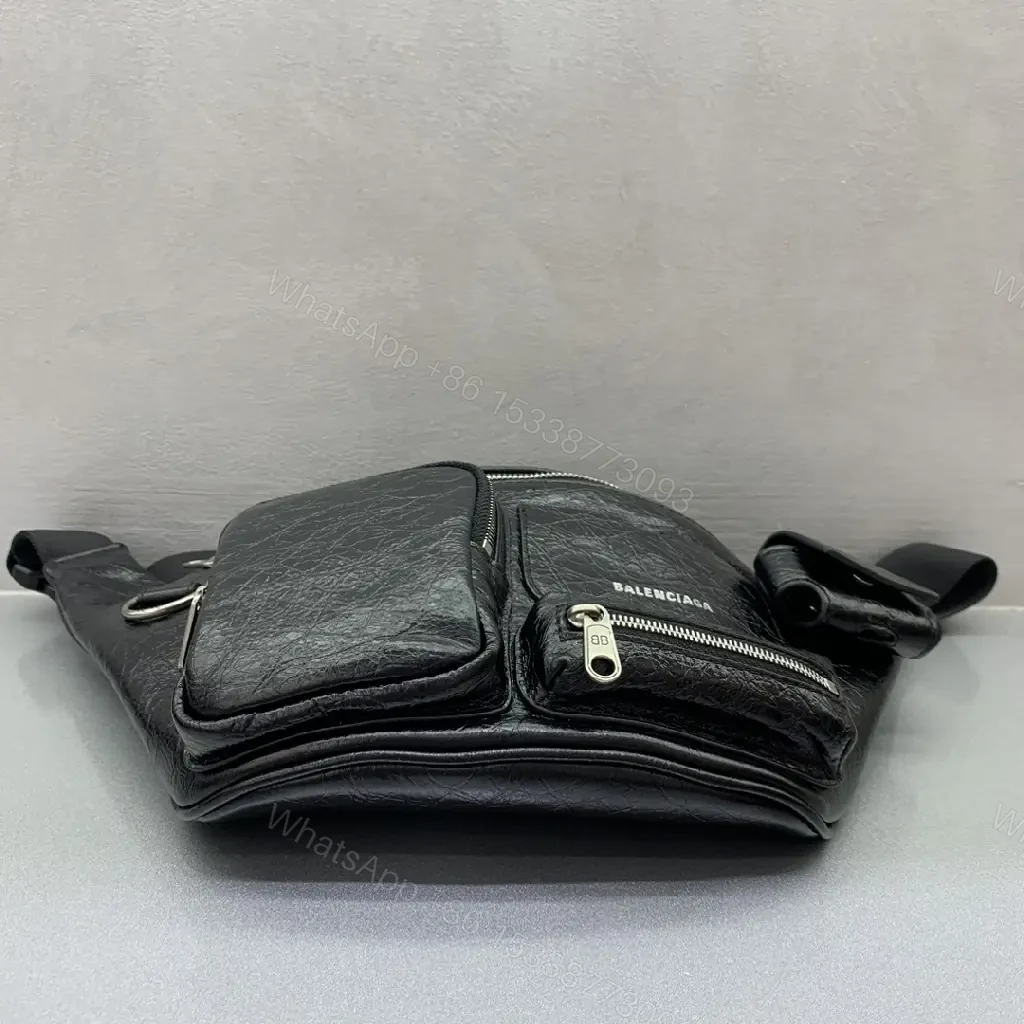 View 7 of Black Textured Leather Belt Bag — Minimalist, Multi-Pocket Utility