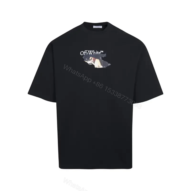 View 2 of Dark Black Cotton Tee with Off-White Logo Print – Relaxed Fit Shirt