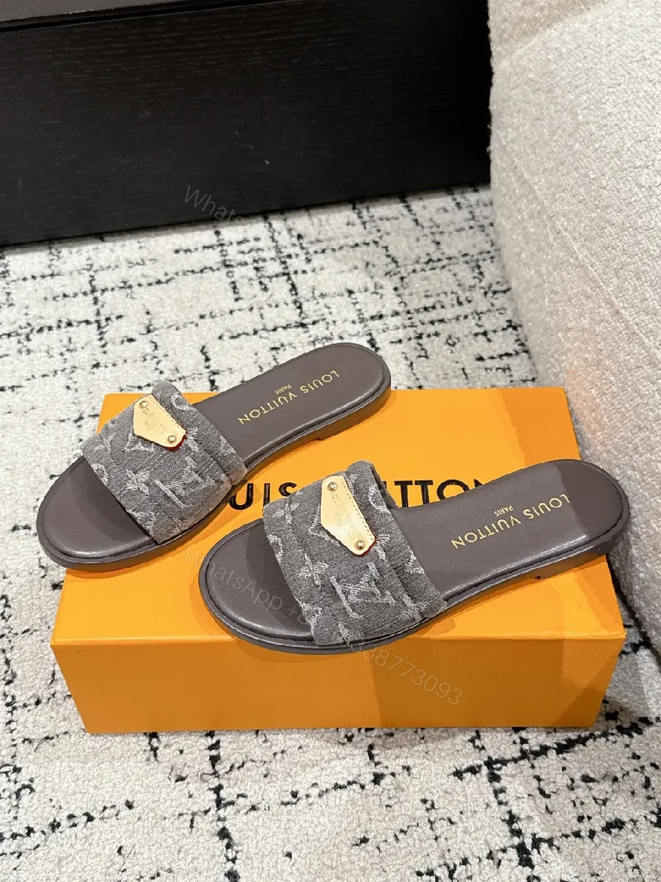 View 5 of Monogram Textile Slides: Gold Accent, Comfort Footbed, Luxury Slide