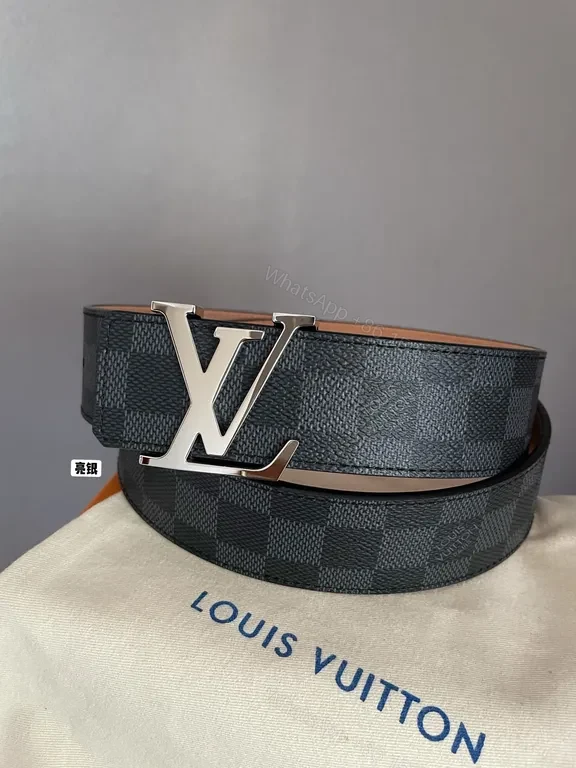 View 8 of Checkerboard LV-Style Belt: Charcoal Leather with Signature Buckle