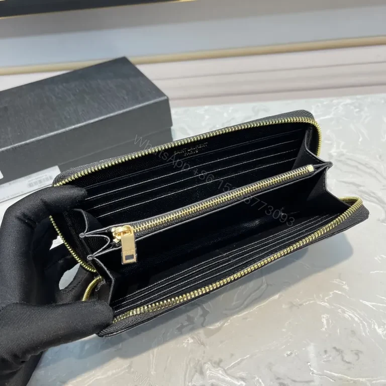 View 6 of Quilted Black Calfskin Wallet with Gold YSL Logo