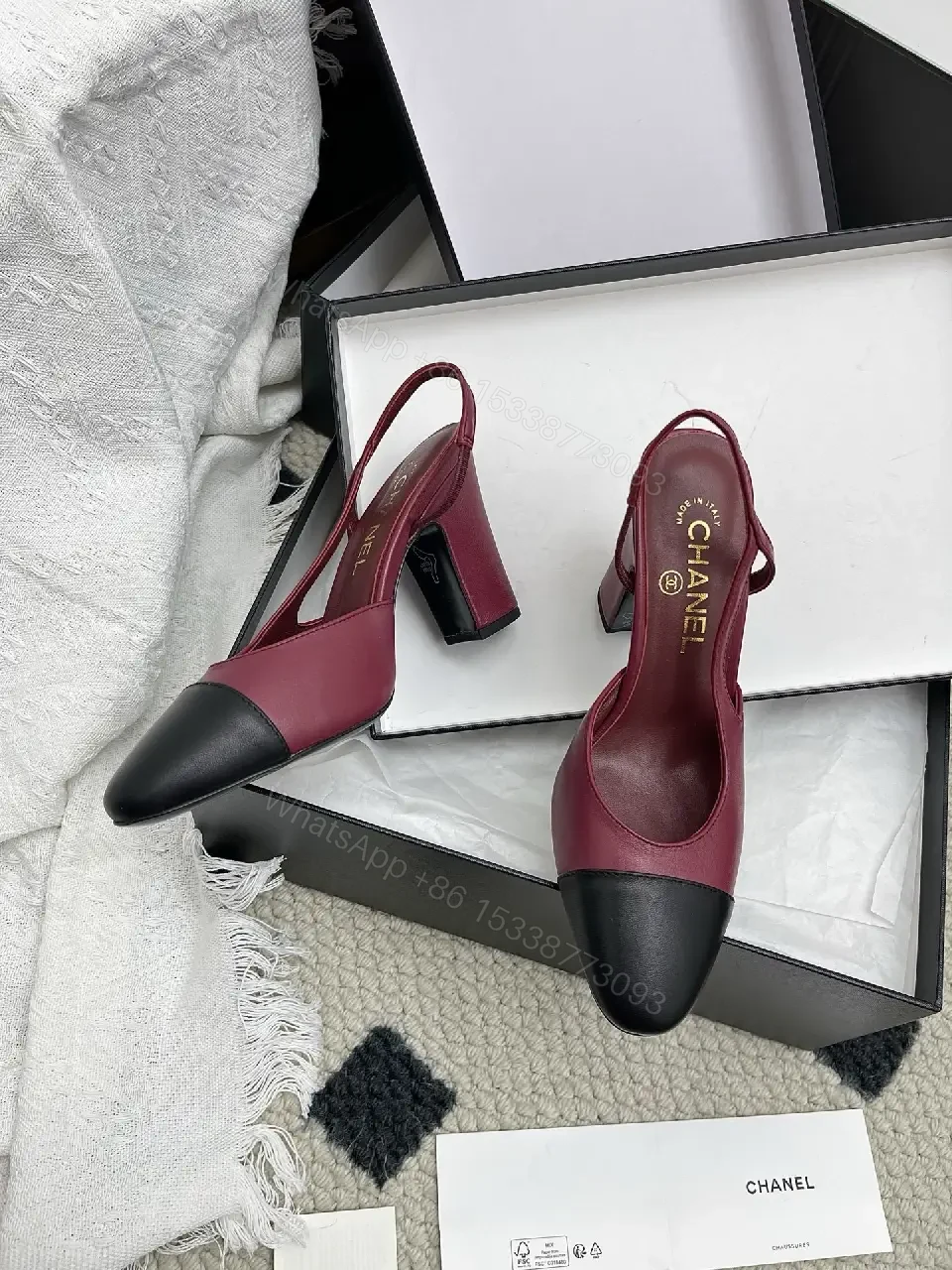 View 3 of Burgundy Satin + Black Leather Ballet Flat, Two-Tone, Comfort