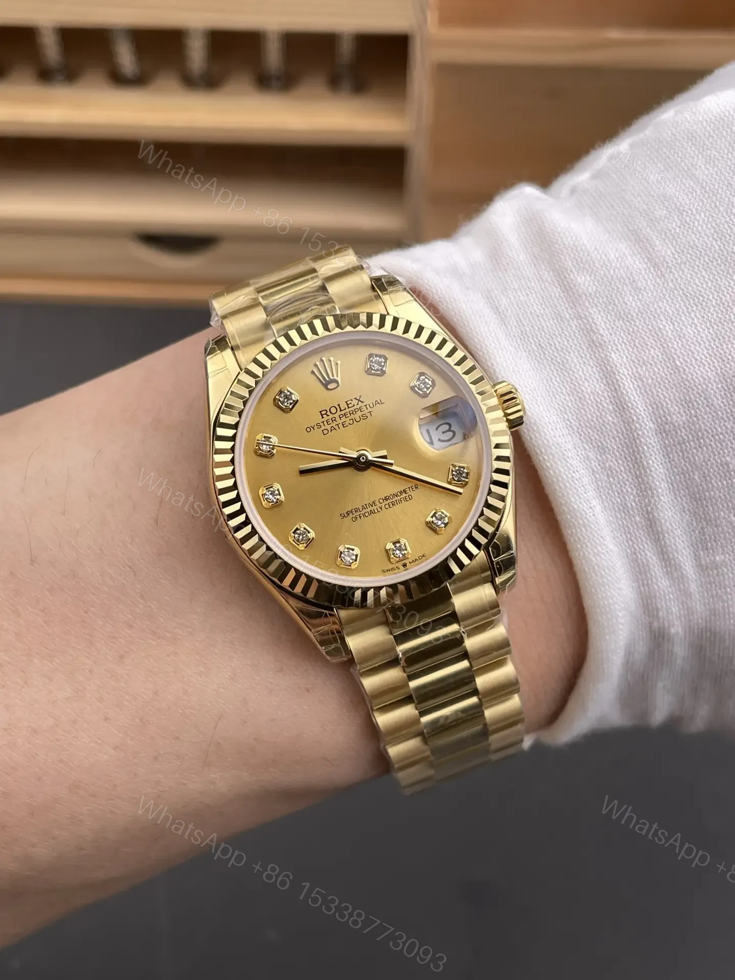 View 9 of Rolex Datejust 31 Yellow Gold Fluted President Champagne Diamond 178278-0018