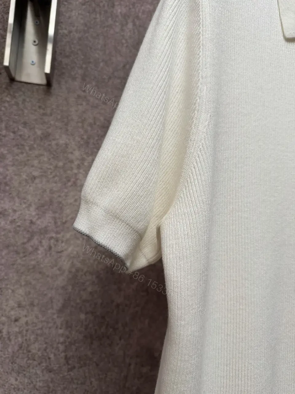 View 13 of Off-White Cream Ribbed Knit Polo Sweater, Short Sleeve, Drop-Shoulder