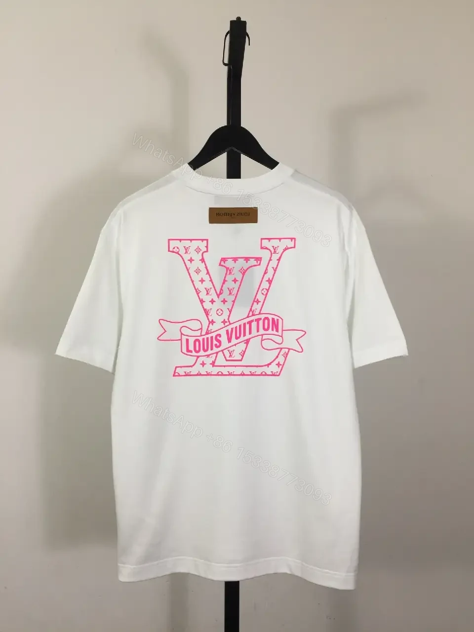 View 5 of White Cotton Tee with Pink LV Emblem – Minimalist Luxe Top