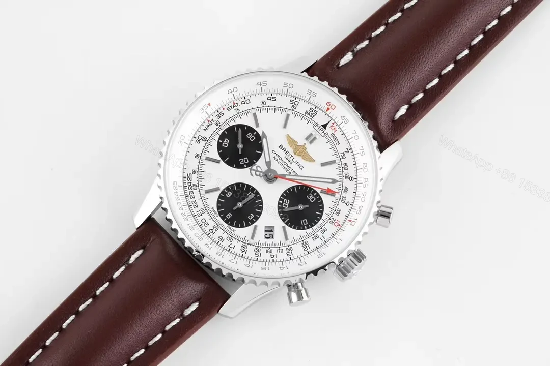 View 2 of V7 Factory Breitling Navitimer B01 Chronograph Panda Dial Watch – Stainless Steel Case, Brown Leather Strap, 43mm