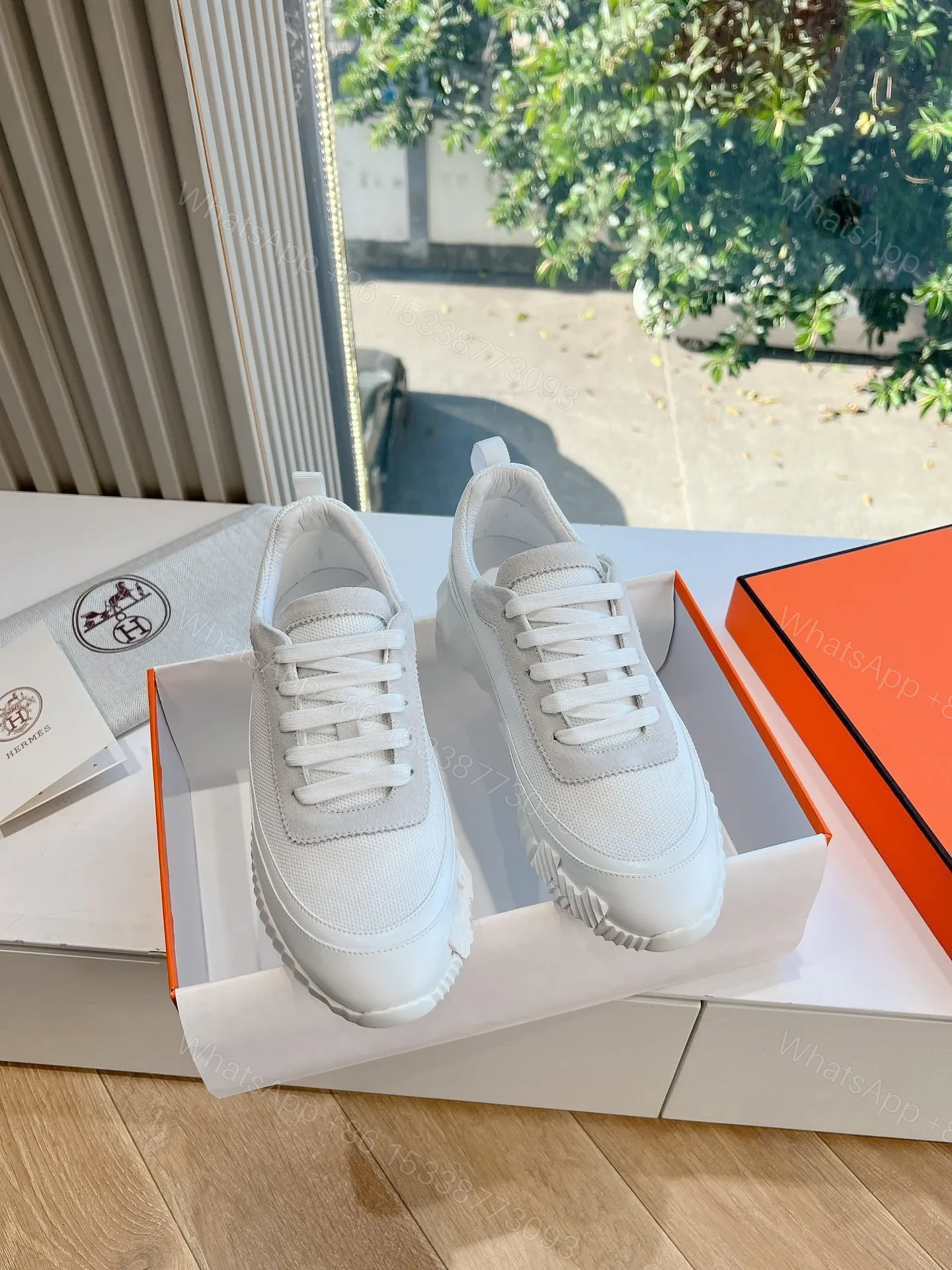 View 3 of Hermes Women White Mesh And Leather Sneakers