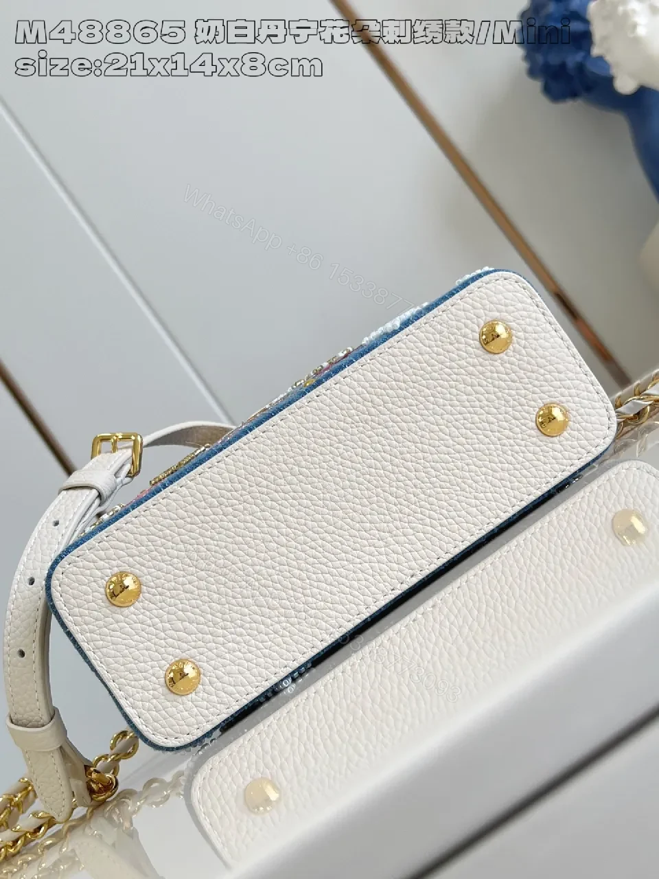 View 4 of Denim Embellished Mini Handbag with Signature Motif