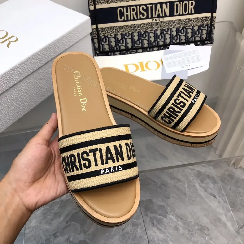 View 5 of Beige Leather Canvas Slip-Ons Dior-Style Logo Strap Sandals
