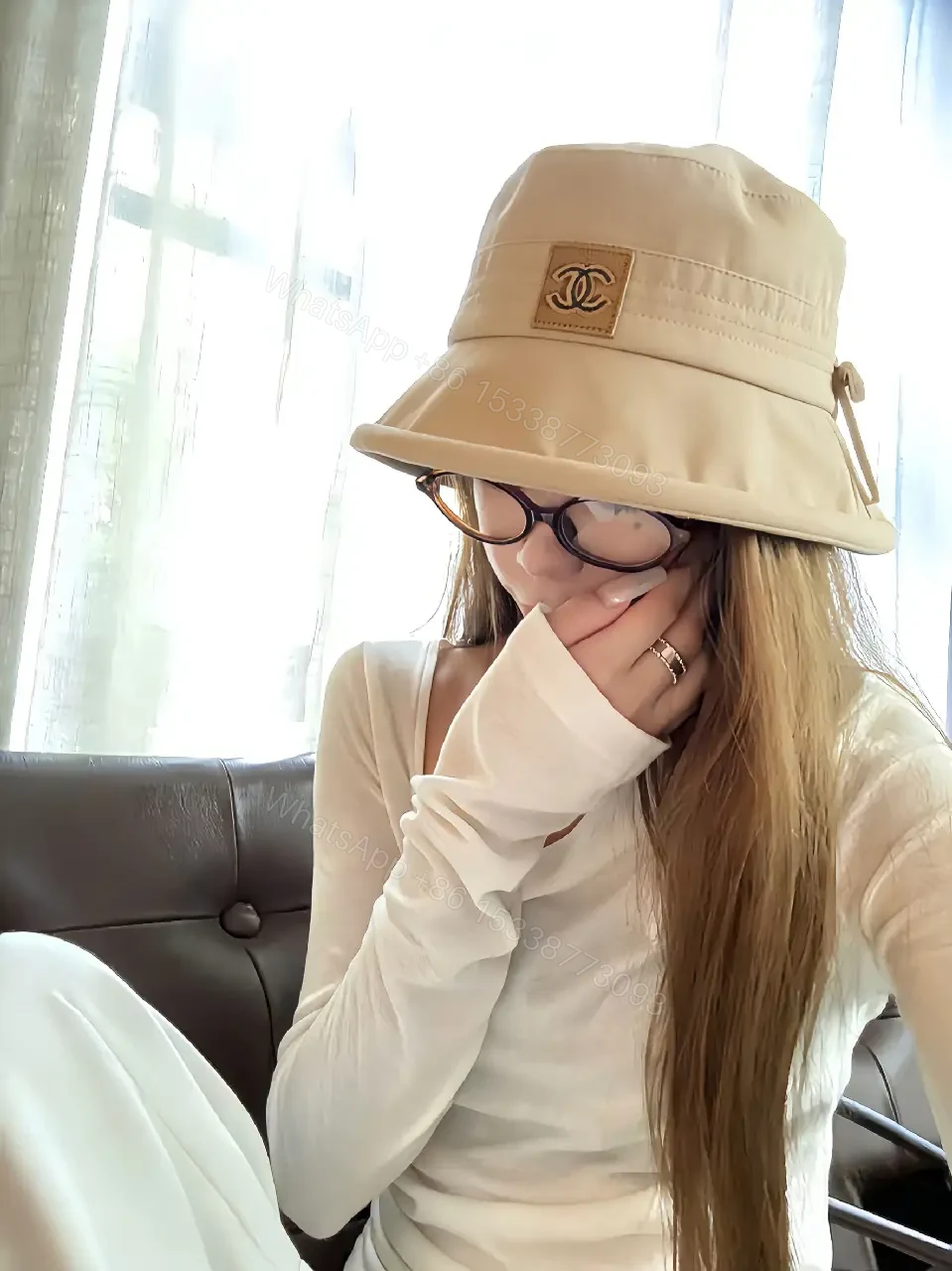 View 9 of Beige Lightweight Bucket Hat with Logo Detail