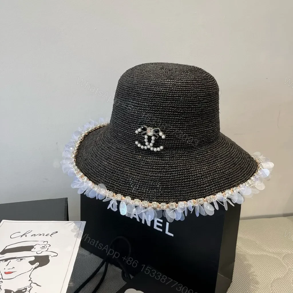 View 7 of Black Straw Hat with Pearl Logo and Crystal Trim