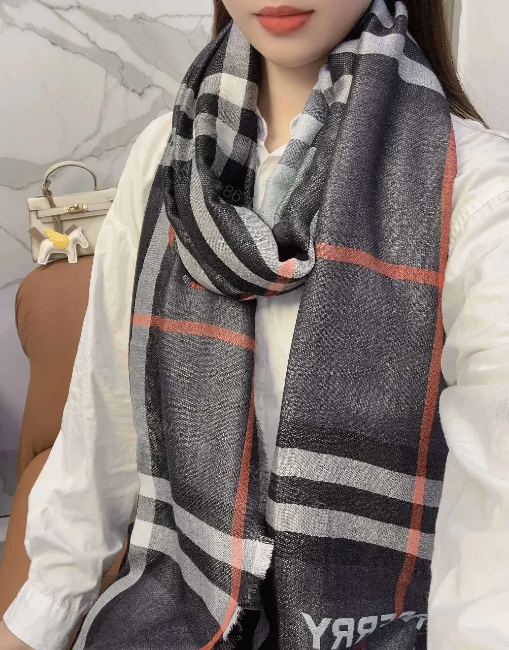 View 7 of Charcoal Plaid Wool-Blend Scarf with Fringe Detailing