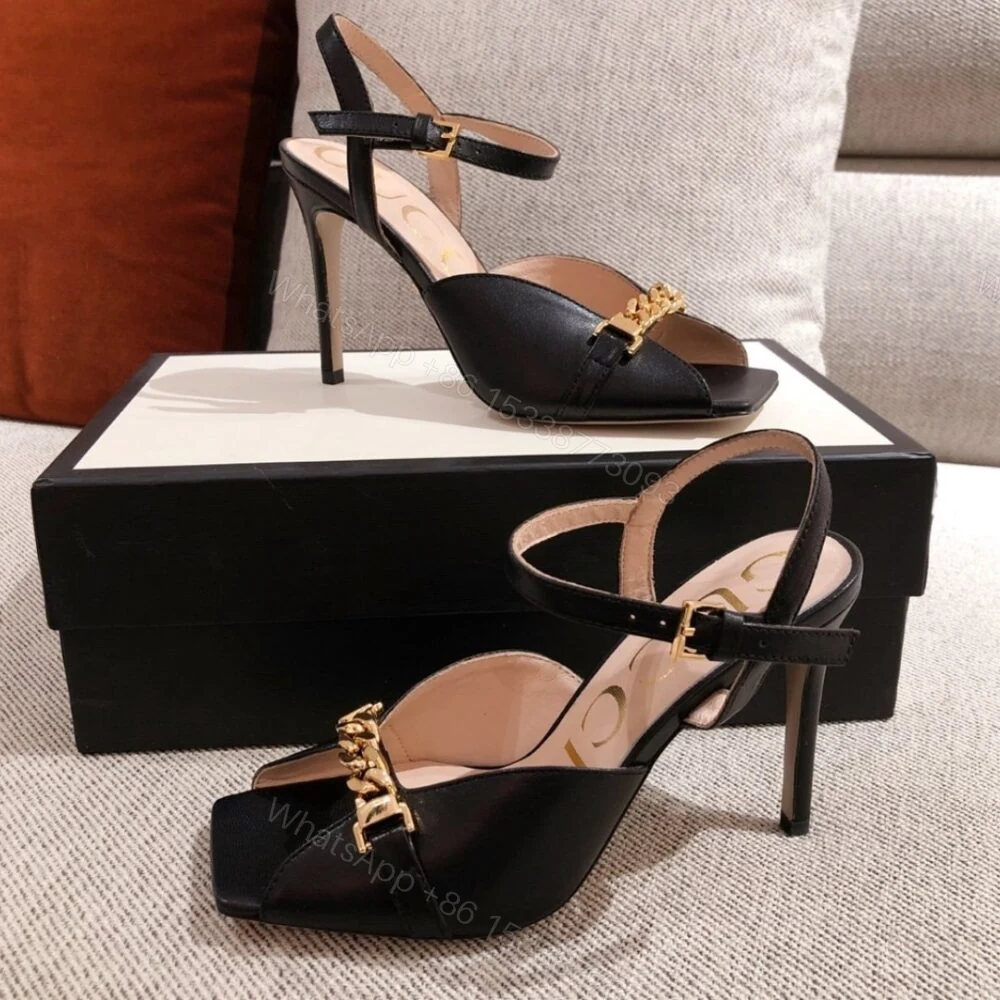 View 2 of Gucci Ankle Buckle Strap Sylvie Chain Sandals In Black