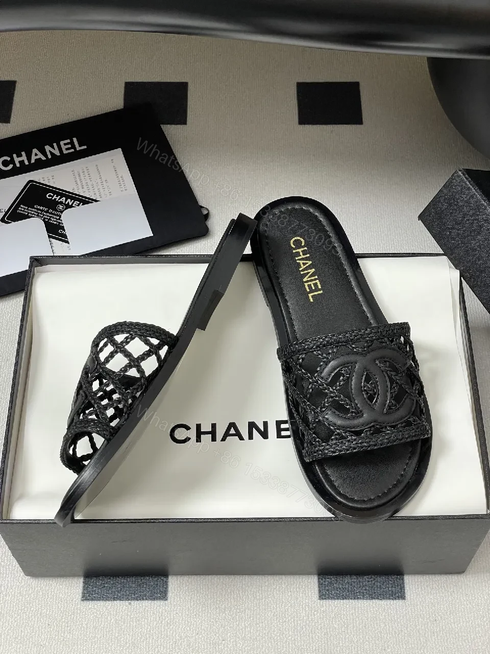 View 6 of Black Quilted Slide with Interlock Crest - Elevated Comfort Slipper
