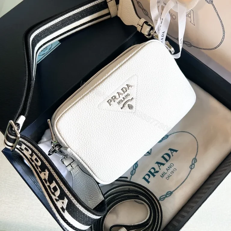 View 4 of White Leather Rectangular Crossbody with Bold Prada-Style Logo Strap