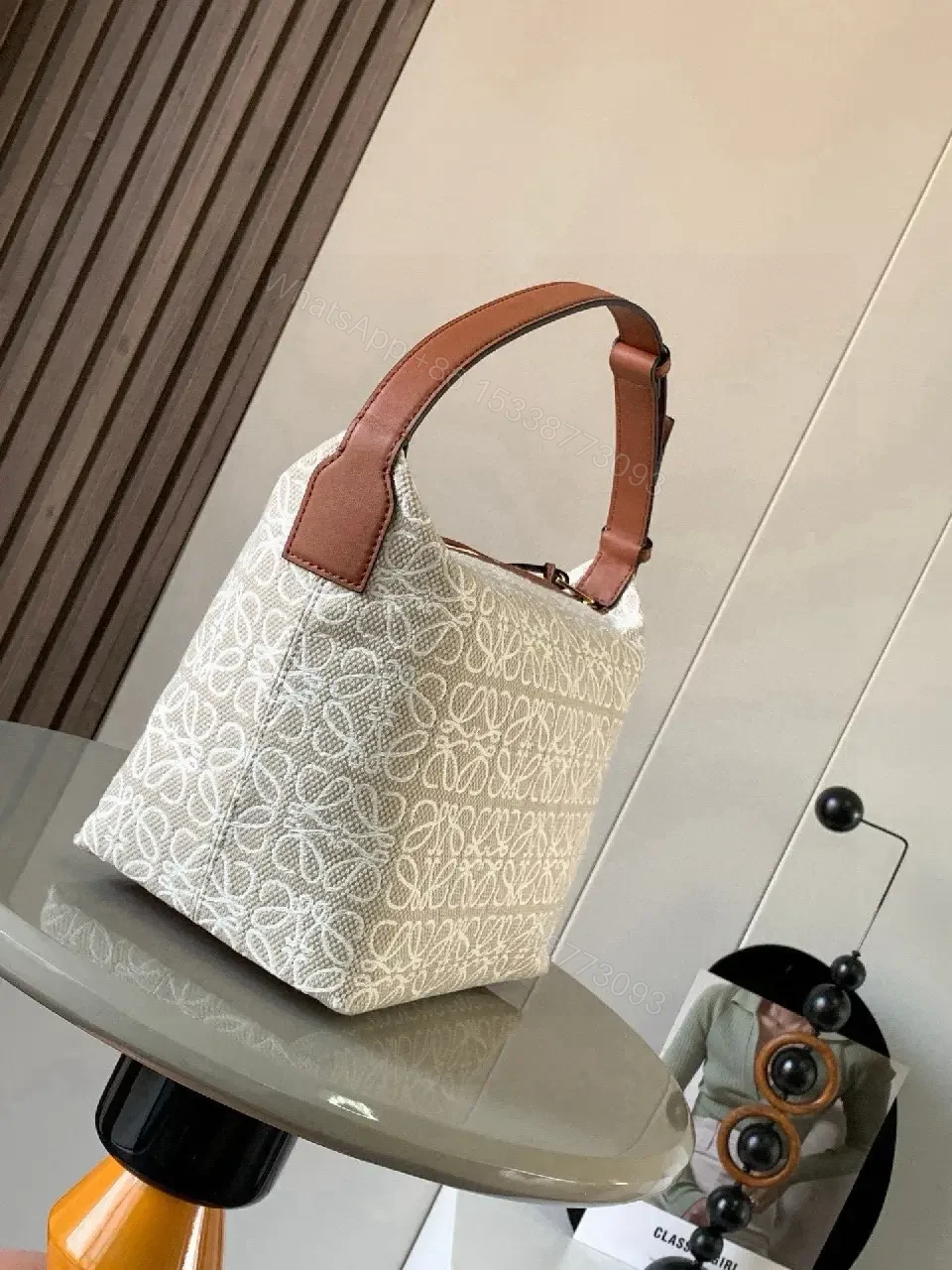 View 9 of Cream-Tone Interlocking Pattern Leather-Trim Tote Bag