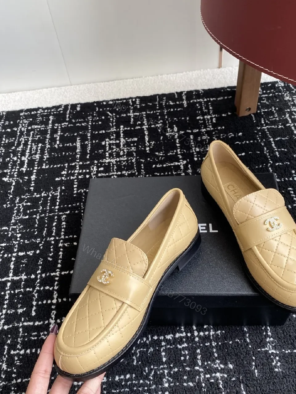 View 5 of Cream Quilted Leather Loafers with Gold Emblem – Everyday Luxury
