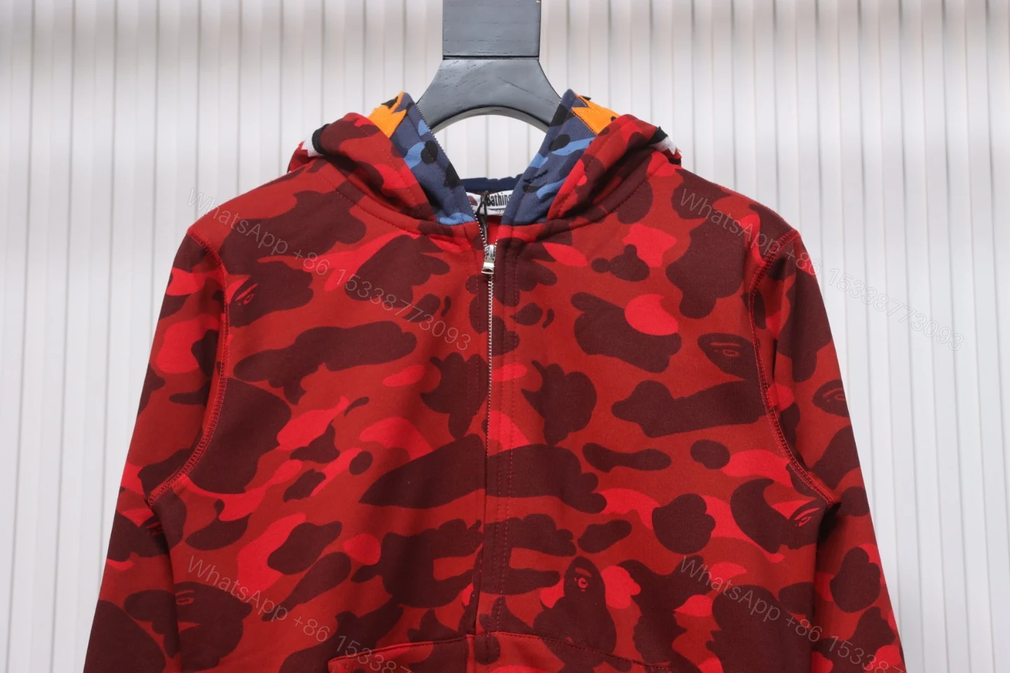 View 5 of BAPE Shark's Head Tiger's Head Zipper Camo Double Hoodie Red
